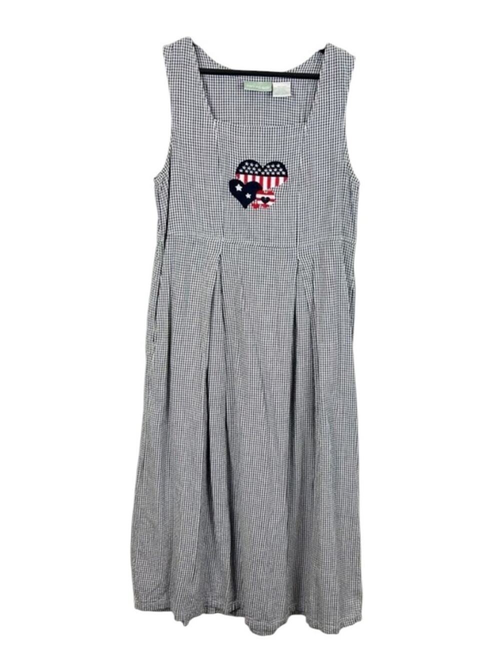 220 Hickory Gingham Maxi Jumper with Patriotic Heart Patch Size Small